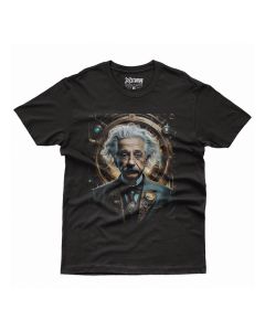 Camiseta Masculina em Algodão Estampa Universo Einstein Preta Básica Tamanho P