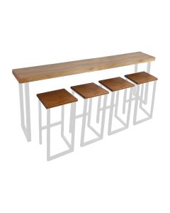 Conjunto Bistrô Premium Mesa de Apoio 220cm com 4 Banquetas Industriais Base em Ferro Branco